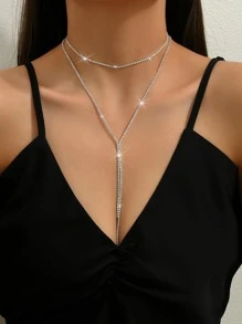 2 piezas/set Collar en Y con diseño de diamante de imitación - Plateado - Ver 4