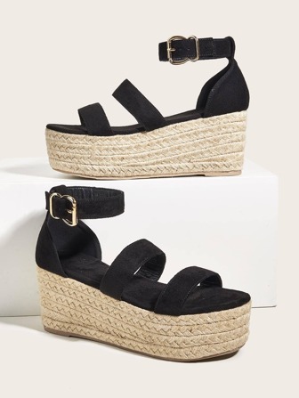 女士搭扣裝飾編織踝帶坡跟仿麂皮度假涼鞋