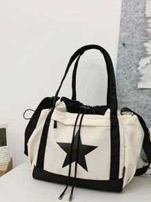 Large Capacity Women's Shoulder Bag Handbag Black And White Contrast Star Printed Nylon Waterproof Fabric Daily Commuter Bag Star Print Women Bag Large Capacity, Lightweight, Portable, Laptop Compartment, Suitable For Teen Girls Women College Students, Perfect For Back To School, College, Middle School, High School, Literary School Bag & Bookbag For Women Or Students, Perfect For Books, Shopping, Back To School And More
