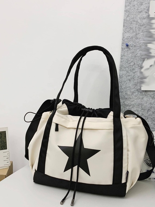 Bolsa de Ombro Feminina de Grande Capacidade Bolsa Preta e Branca Contraste Impressão de Estrela Tecido de Nylon À Prova d'Água Bolsa Diária para Ir e Voltar do Trabalho Bolsa Feminina com Estampa de Estrela de Grande Capacidade, Leve, Portátil, Compartimento para Laptop, Adequada para Adolescentes, Mulheres, Estudantes Universitárias, Perfeita para Volta às Aulas, Faculdade, Escola Média, Ensino Médio, Bolsa Escolar e Mochila para Mulheres ou Estudantes, Perfeita para Livros, Compras, Volta às Aulas e Muito Mais