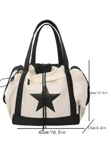 Large Capacity Women's Shoulder Bag Handbag Black And White Contrast Star Printed Nylon Waterproof Fabric Daily Commuter Bag Star Print Women Bag Large Capacity, Lightweight, Portable, Laptop Compartment, Suitable For Teen Girls Women College Students, Perfect For Back To School, College, Middle School, High School, Literary School Bag & Bookbag For Women Or Students, Perfect For Books, Shopping, Back To School And More