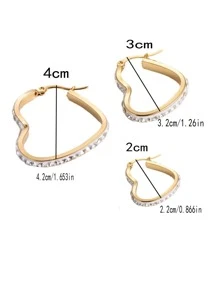 水鑽裝飾愛心設計圓耳環 - 金色 - 查看 8