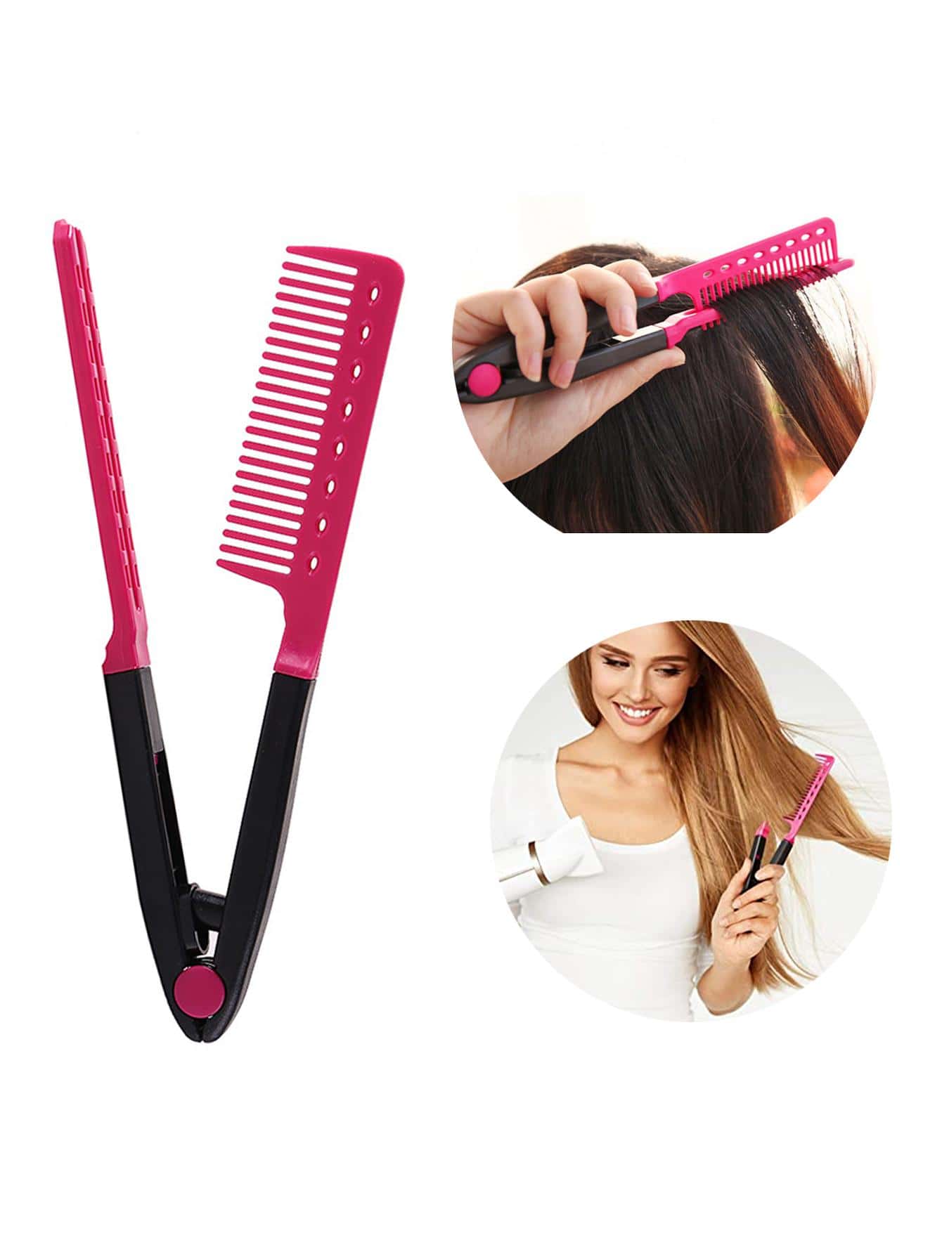 1 件装直发梳子沙龙理发师双刷 V 型梳子夹板梳无害造型工具发梳，粉色配件 - 玫紅色 - 查看 1