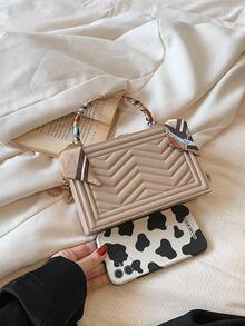 Mini Chevron Pattern Box Bag Skinny Scarf Decor Top Handle Fashionable - Khaki - View 6