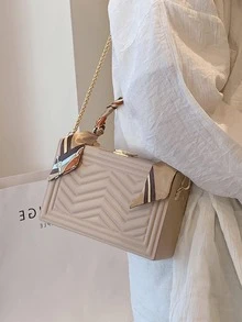 Mini Chevron Pattern Box Bag Skinny Scarf Decor Top Handle Fashionable - Khaki - View 3