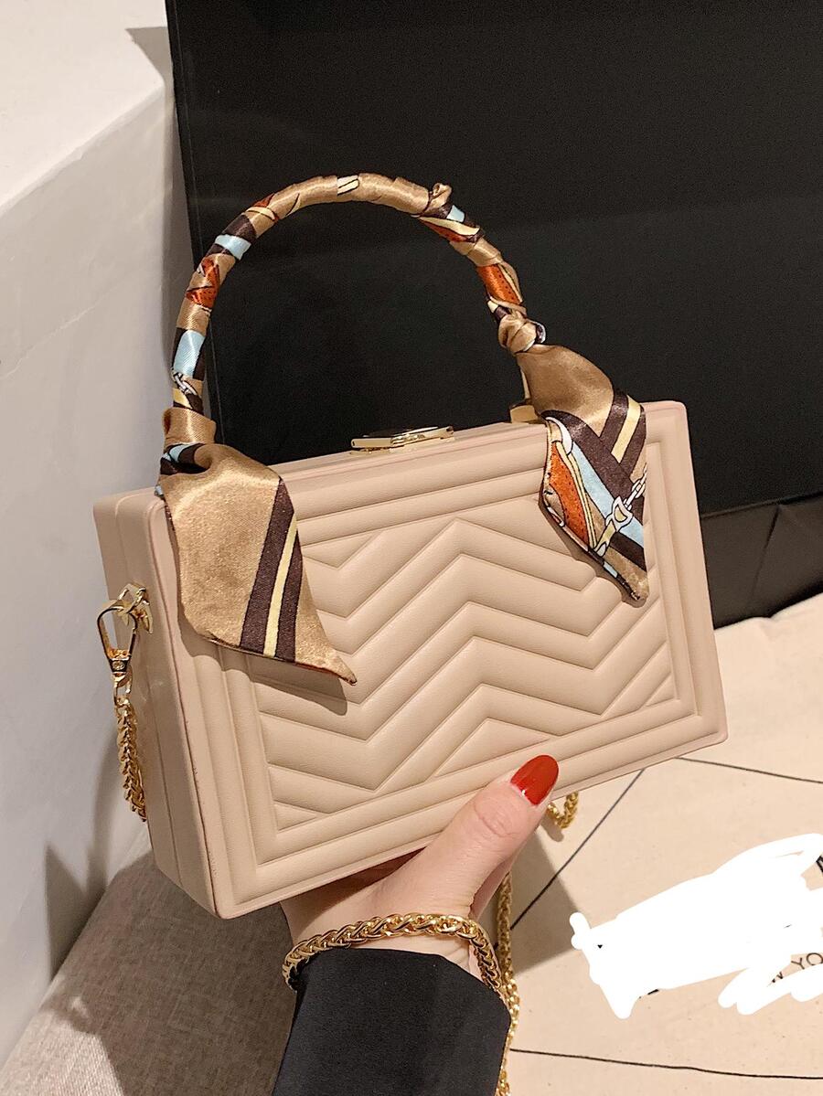 Mini Chevron Pattern Box Bag Skinny Scarf Decor Top Handle Fashionable - Khaki - View 1