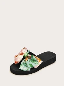 女士花卉圖案蝴蝶結裝飾度假滌綸拖鞋 - 綠色 - 查看 2