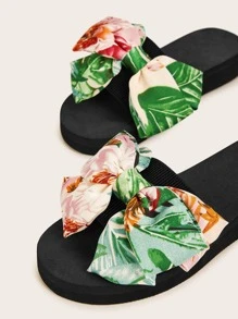 女士花卉圖案蝴蝶結裝飾度假滌綸拖鞋 - 綠色 - 查看 5