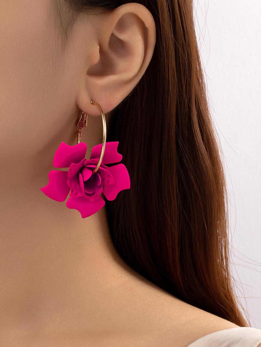 2入組花耳墜 - 玫紅色 - 查看 1
