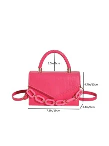 Mini Square Bag Crocodile Embossed Chain Decor PU Neon Pink Funky - Hot Pink - View 2