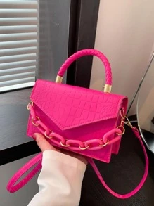 Mini Square Bag Crocodile Embossed Chain Decor PU Neon Pink Funky - Hot Pink - View 1