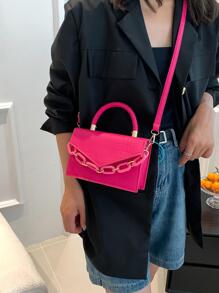 Mini Square Bag Crocodile Embossed Chain Decor PU Neon Pink Funky - Hot Pink - View 4