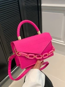 Mini Square Bag Crocodile Embossed Chain Decor PU Neon Pink Funky - Hot Pink - View 6