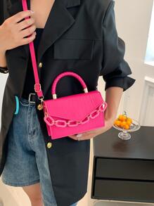 Mini Square Bag Crocodile Embossed Chain Decor PU Neon Pink Funky - Hot Pink - View 5
