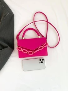 Mini Square Bag Crocodile Embossed Chain Decor PU Neon Pink Funky - Hot Pink - View 7