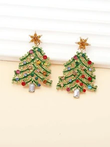 1 Par De Pendientes De Aleación De Zinc Y Brillantes Con Diseño De Árbol De Navidad Para Mujeres - Multicolor - Ver 3