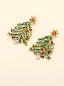 1 Par De Pendientes De Aleación De Zinc Y Brillantes Con Diseño De Árbol De Navidad Para Mujeres - Multicolor - Ver 4