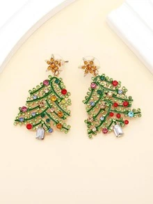 1 Par De Pendientes De Aleación De Zinc Y Brillantes Con Diseño De Árbol De Navidad Para Mujeres - Multicolor - Ver 2