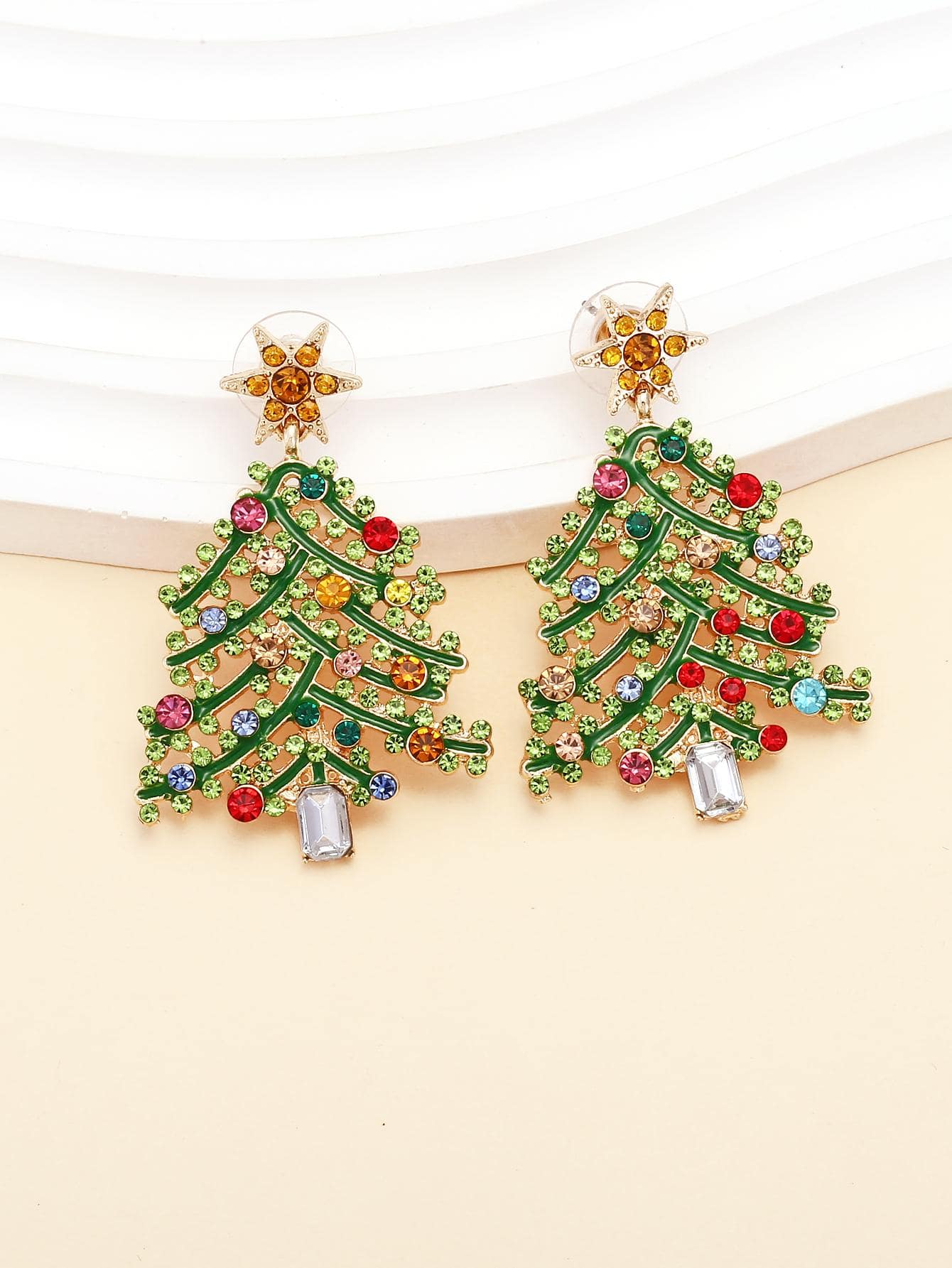1 Par De Pendientes De Aleación De Zinc Y Brillantes Con Diseño De Árbol De Navidad Para Mujeres - Multicolor - Ver 1