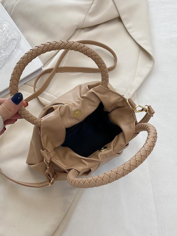 Minimalist Braided Handle Ruched Bag Solid Color - Khaki - View 7
