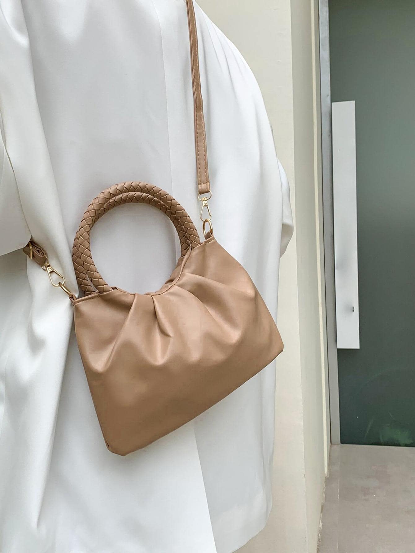 Minimalist Braided Handle Ruched Bag Solid Color - Khaki - View 3
