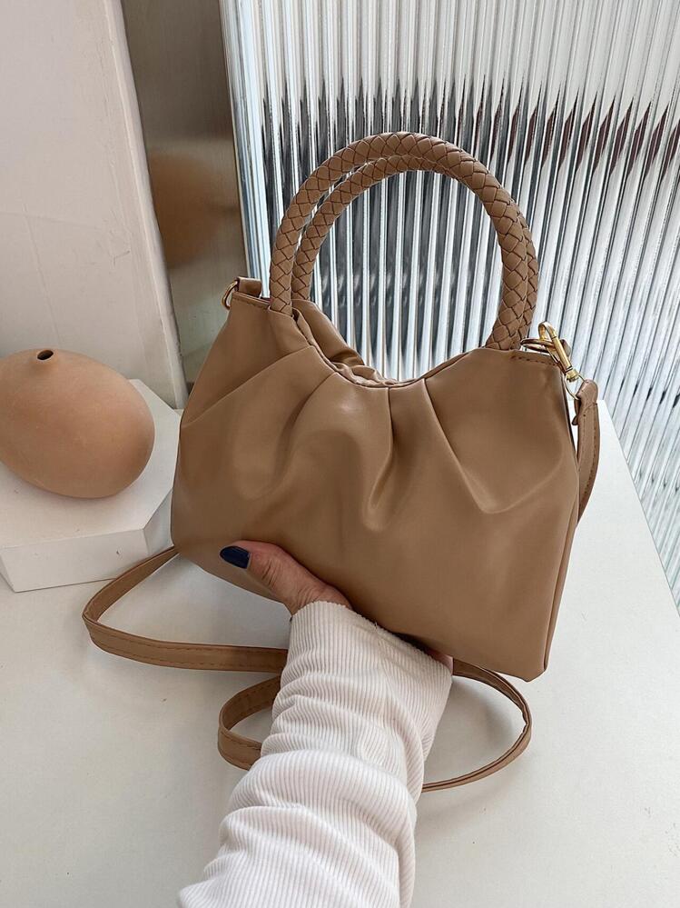 Minimalist Braided Handle Ruched Bag Solid Color - Khaki - View 1