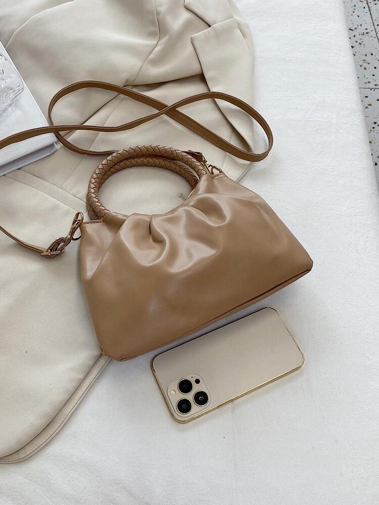 Minimalist Braided Handle Ruched Bag Solid Color - Khaki - View 6