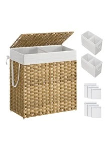 SONGMICS 带盖洗衣篮，110L 衣物篮，带 2 个可拆卸内衬袋和 6 个网袋，柳条洗衣篮，洗衣房用双层洗衣篮，13 X 22.4 X 23.6 英寸，自然色、棕色、灰色、白色、黑色洗衣篮、洗衣篮、浴室收纳篮、篮子、储物篮、可折叠洗衣篮 - 卡其色 - 查看 9