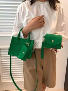 3pcs Bag Set Square Bag Coin Purses Solid Green Minimalist - Green - View 5