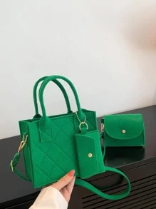 3pcs Bag Set Square Bag Coin Purses Solid Green Minimalist - Green - View 1