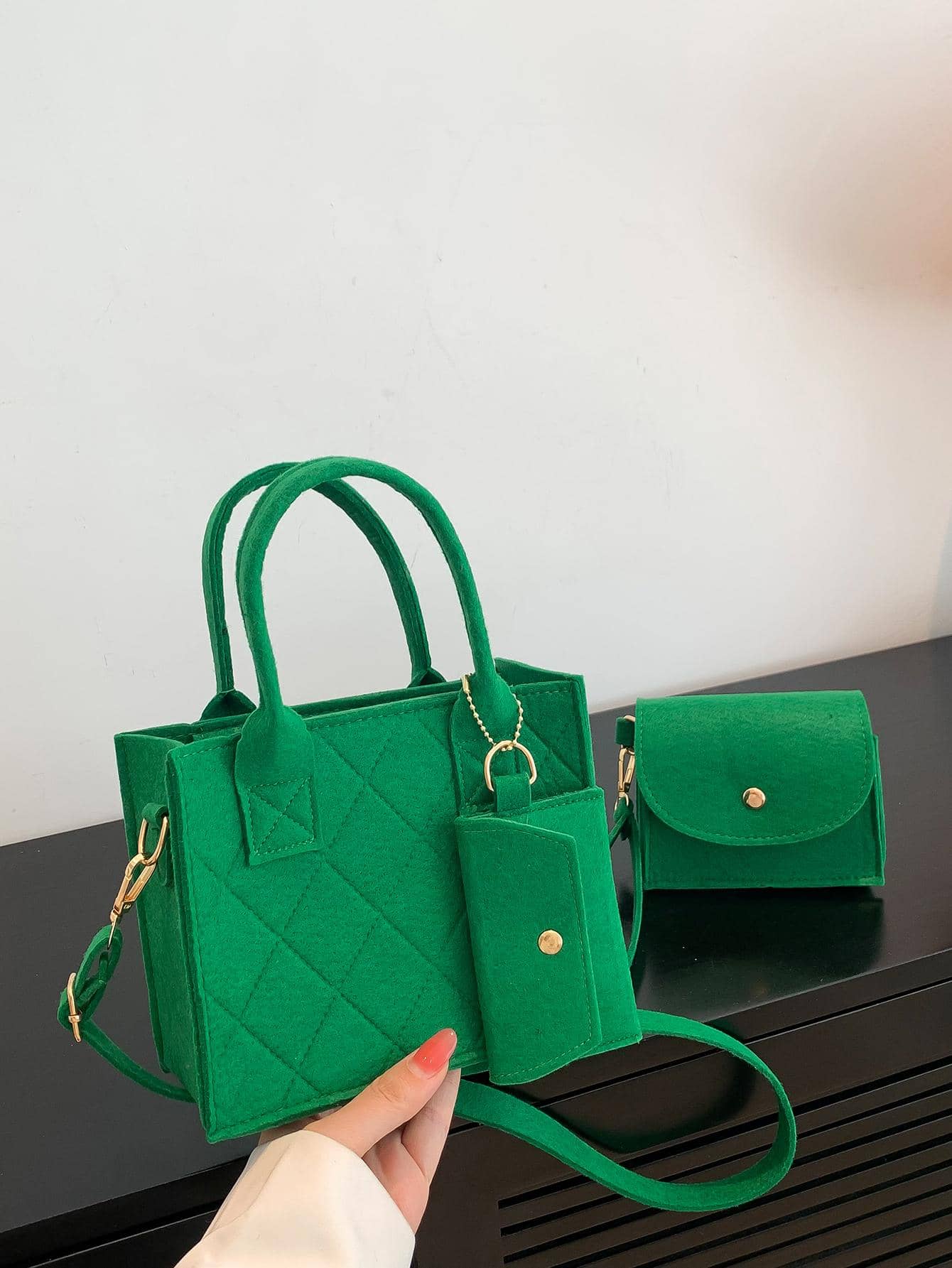 3pcs Bag Set Square Bag Coin Purses Solid Green Minimalist - Green - View 1