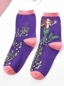 Mermaid Pattern Crew Socks - Multicolor - View 1