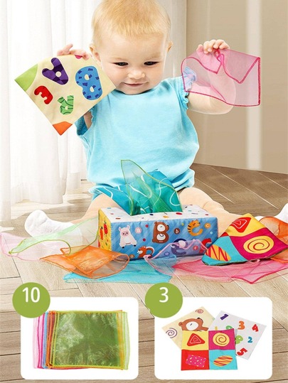 Baby Tissue Box, Soft Stuffed High Contrast Crinkle Montessori Square Sensory Toys Juggling Rainbow Dance Scarves For Toddler, Infants, Newborns And Kids Educational Preschool Learning