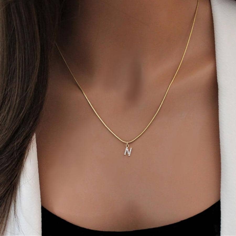 鋪平方晶鋯石A-Z字母項鍊女士不銹鋼鏈條吊墜項鍊適合女士首飾類禮品 - 金色 - 查看 1