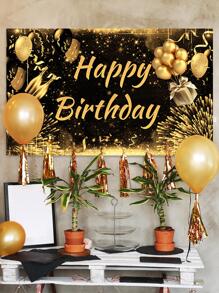 1 Pieza Tela De Fondo De Cumpleaños Feliz En Negro Y Dorado, Suministros De Decoración De Fondo De Fiesta De Cumpleaños Y Pancarta De Tela De Fondo - Multicolor - Ver 2