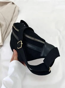 前拉鏈腰包可調整肩帶極簡 - 黑色 - 查看 5