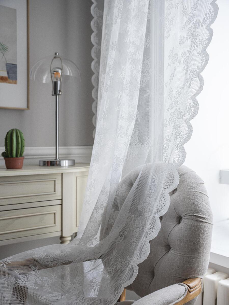 1入組花卉蕾絲薄透面現代滌綸濾光隱私透明窗簾適用於客廳和臥室 - 白色 - 查看 1