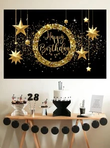 1pc Black Gold Happy Birthday Background Cloth, Birthday Party Background Decoration Supplies Banner - Multicolor - View 2
