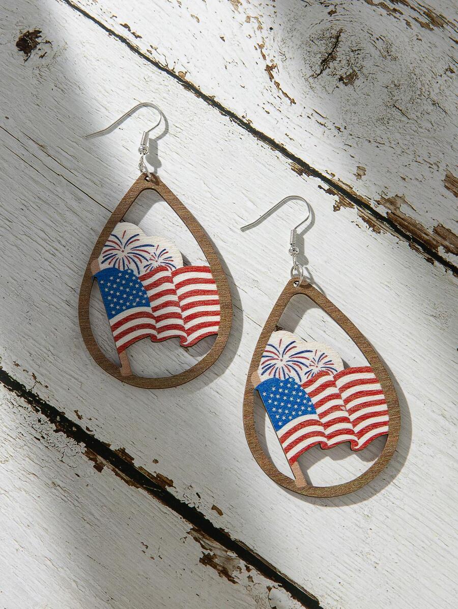 1對時尚木頭美國國旗和水滴形耳墜適合女士適合派對裝飾用品 - 彩色 - 查看 1