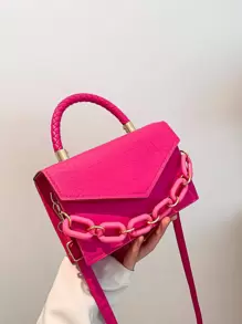 Mini Crocodile Pattern Handbag, Mini Chain Decor Crossbody Bag - Hot Pink - View 1