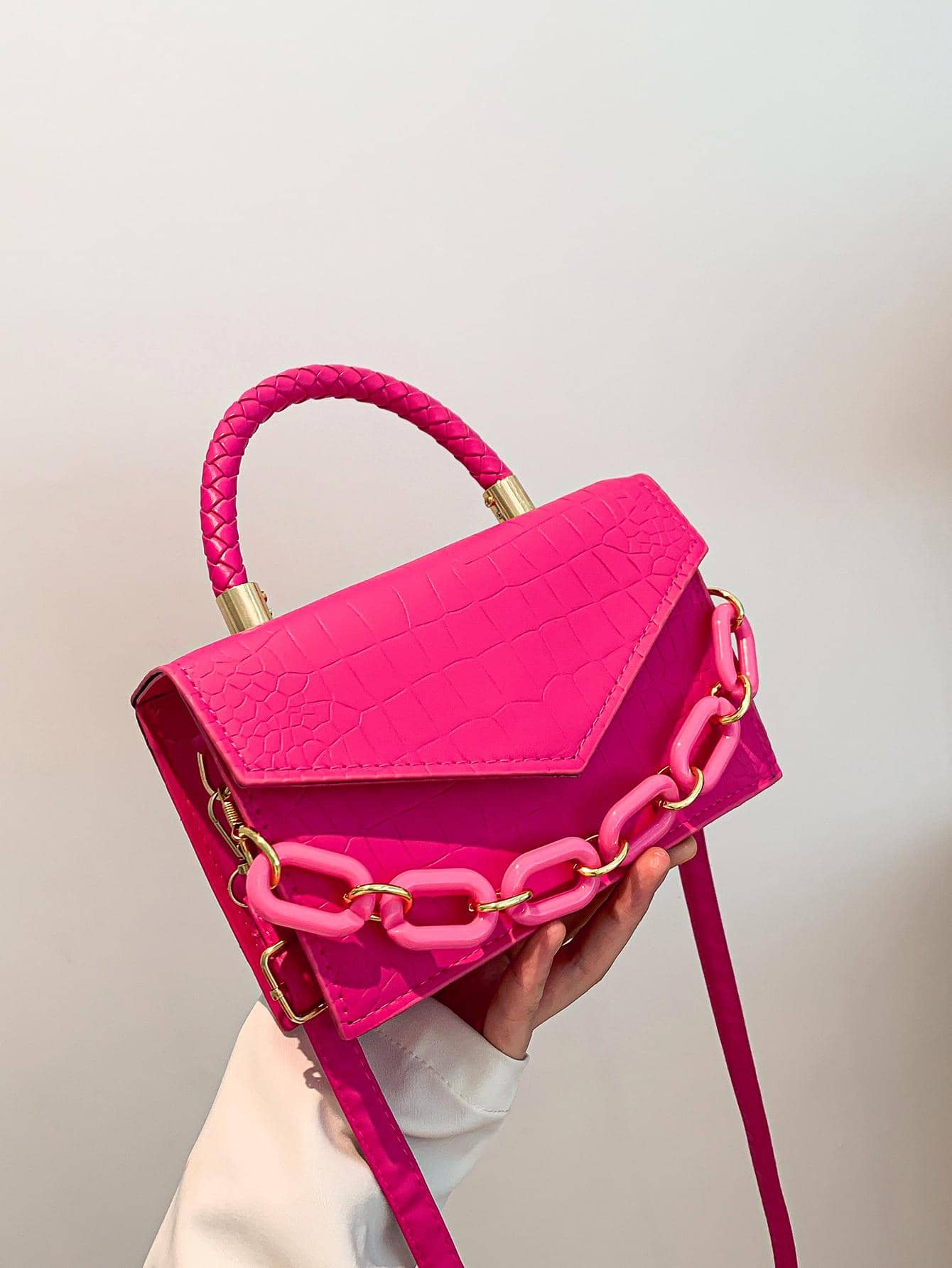 Mini Crocodile Pattern Handbag, Mini Chain Decor Crossbody Bag - Hot Pink - View 1