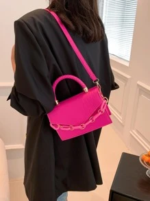 Mini Crocodile Pattern Handbag, Mini Chain Decor Crossbody Bag - Hot Pink - View 3