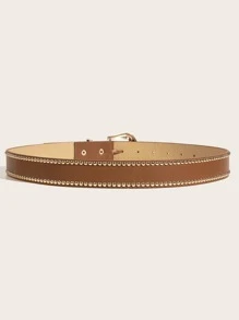 1pc Western Vintage Handcraft Studded Buckle PU Leather Belt, Versatile For Jeans, Dresses, Street Style Summer, School Fall, Autumn, Halloween - Camel - View 3