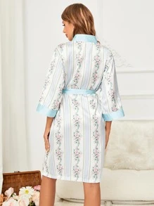 印花附腰帶睡袍 - 藍白色 - 查看 3