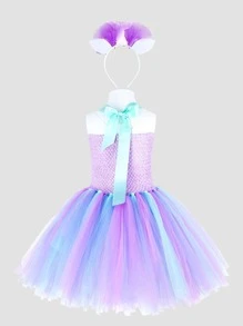 Young Girl Mermaid Shell Princess Dress With Mermaid Headband, Perfect For Party And Cosplay - Lilac Purple - View 2