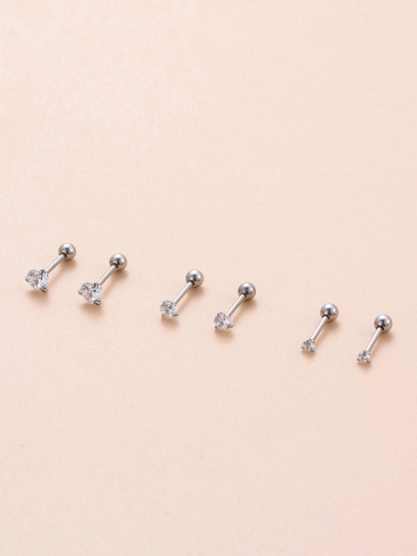3 cặp/bộ Bông tai trang trí bằng đá Cubic Zirconia - Bạc - Xem 1