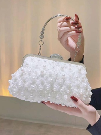 Glitter Bling,Shiny Glamorous,Elegant Flower & Pearl Decor Evening Bag Top Handle Dinner Bag For Party Girl,Woman,For Female Perfect For Party,Wedding,Prom,Dinner/Banquet,For Best Gift For Women, Exquisite Floral Bag For Women