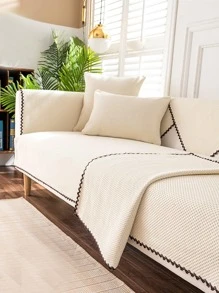 1入組撞色滾邊沙發現代滌綸防滑毛巾套適用於客廳 - 米色 - 查看 2