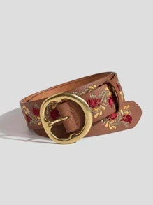 1入組女士花卉刺繡圓扣休閒皮帶適用於日常生活 - 棕色 - 查看 3