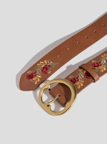 1入組女士花卉刺繡圓扣休閒皮帶適用於日常生活 - 棕色 - 查看 4